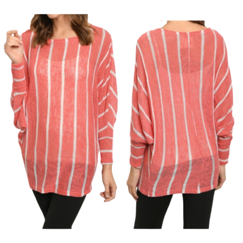 Fantastic Fawn Coral Red Striped Knit Tunic Top Semi-Sheer NEW
